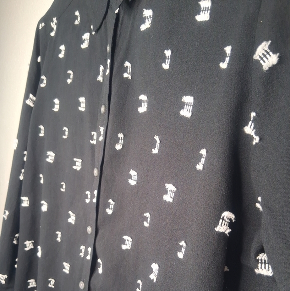 LOFT Black Button-Up Long Sleeve Shirt White Embroidery Accents Preppy Boho Sz L - Picture 7 of 15